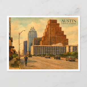  Austin Texas Skyline – Watercolor Travel Holiday Postcard