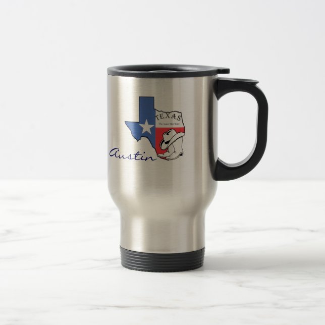 Austin, Texas State Map with Star, Boots, Hat Mug (Right)