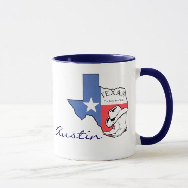 Austin, Texas State Map with Star, Boots, Hat Mug (Right)