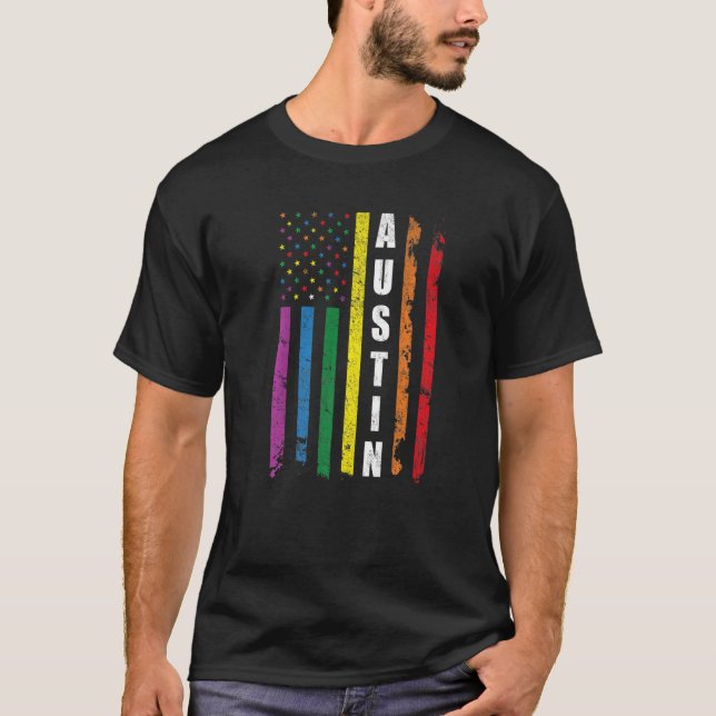 Austin Texas Us American Flag Rainbow Gay Lgbt Pri T-Shirt (Front)