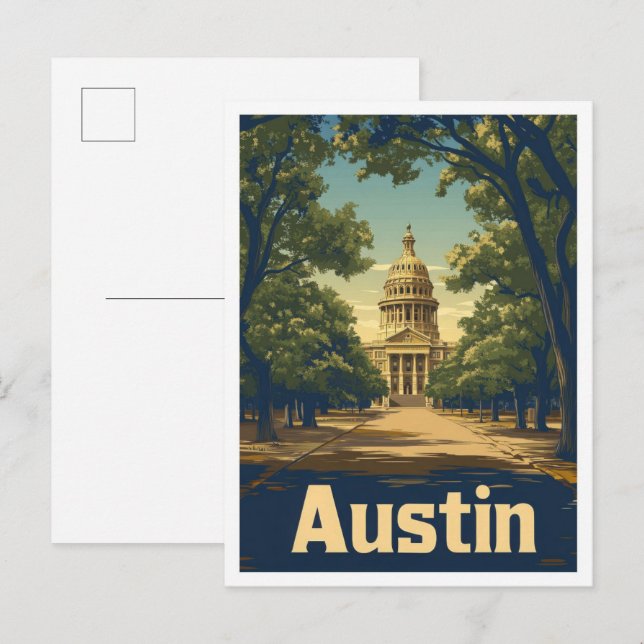 Austin Texas USA Art Vintage Travel Illustration Postcard (Front/Back)