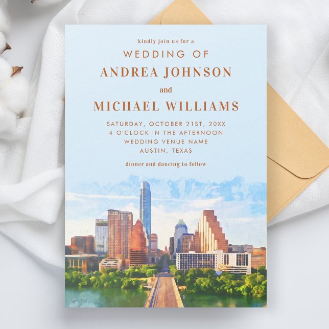 Austin Texas Watercolor City Skyline Wedding Invitation (Creator Uploaded)