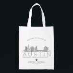 Austin, Texas Wedding | Stylised Skyline Reusable Grocery Bag<br><div class="desc">A unique wedding bag for a wedding taking place in the beautiful city of Austin,  Texas.  This bag features a stylised illustration of the city's unique skyline with its name underneath.  This is followed by your wedding day information in a matching open lined style.</div>