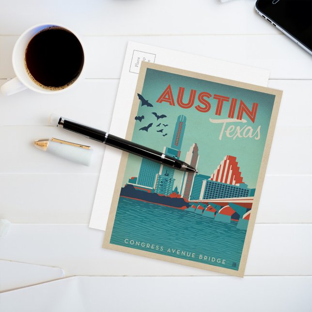 Austin, TX - Congress Avenue Bridge Postcard (Card on table)