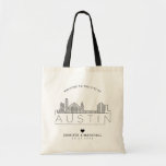 Austin Wedding | Stylised Skyline Tote Bag<br><div class="desc">A unique wedding tote bag for a wedding taking place in the city of Austin.  This tote features a stylised illustration of the city's unique skyline with its name underneath.  This is followed by your wedding day information in a matching open lined style.</div>