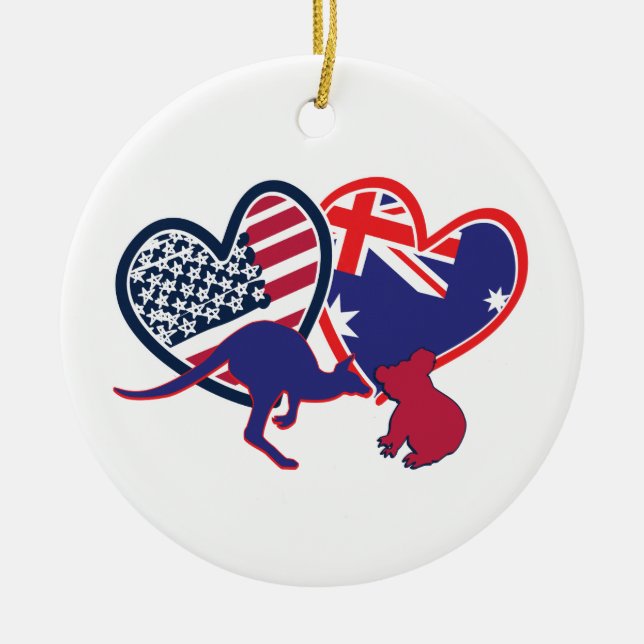 Australia and United States Flag Hearts Ceramic Tree Decoration (Front)