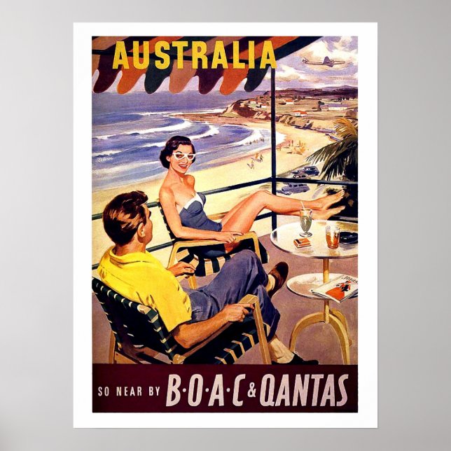Australia, couple enjoy on terrace, vintage travel poster (Front)