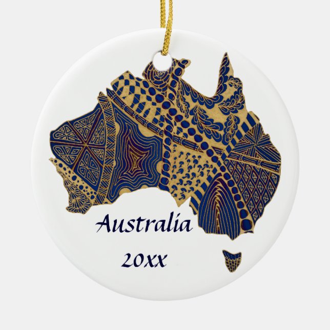 Australia Doodle Tan Red Blue Ceramic Tree Decoration (Front)