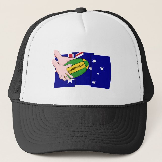 Australia Flag Rugby Ball Cartoon Hands Trucker Hat (Front)