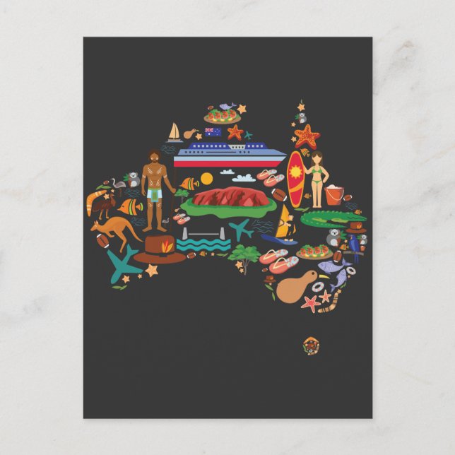 Australia Map Australian Continent Animals Travel Postcard (Front)