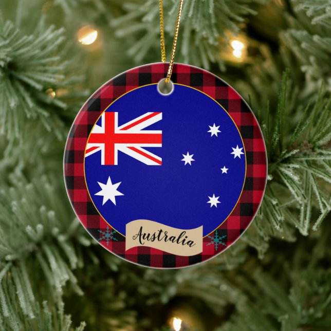 Australia, Red buffalo plaid & Australian Flag Ceramic Tree Decoration (Tree)
