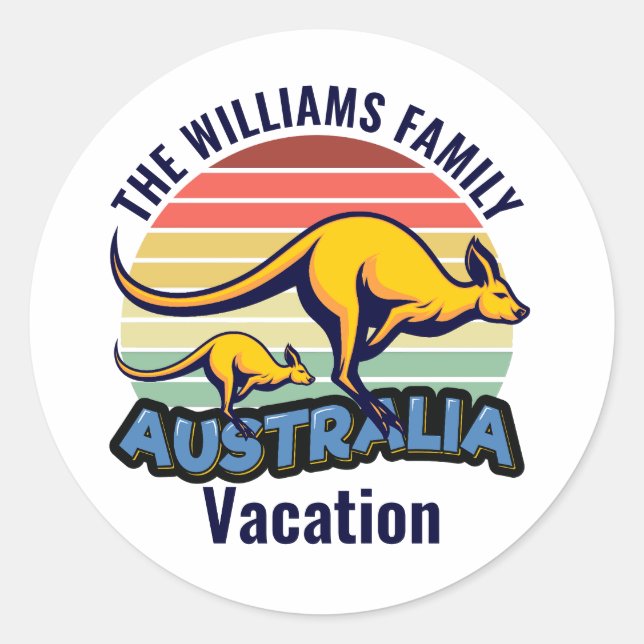 Australia Trip Cute Kangaroo Sunset Custom Classic Round Sticker (Front)