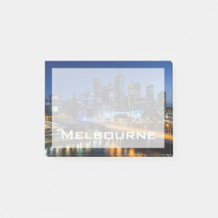Australia, Victoria, Melbourne, skyline with Post-it Notes