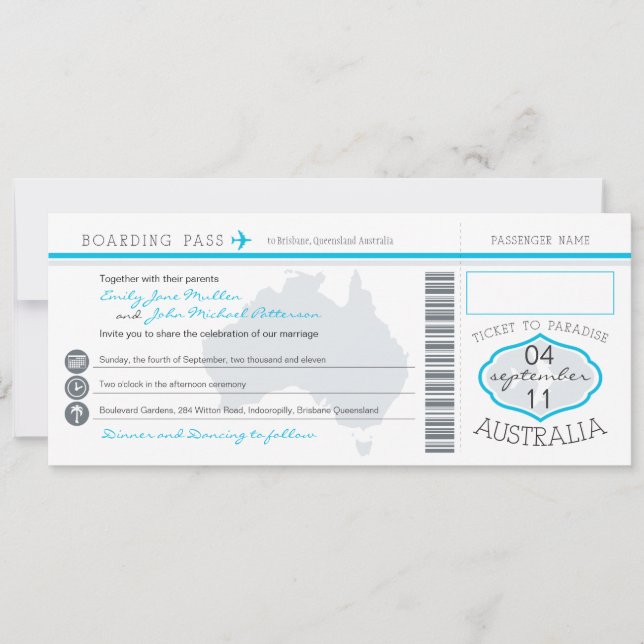 Australia Wedding Boarding Pass Invitation (Front)