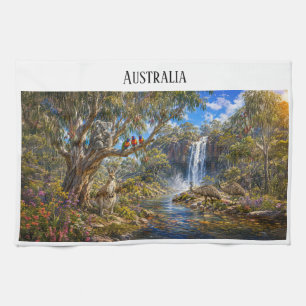 Australia Wildlife & Waterfall Panoramic Ceramic Tea Towel