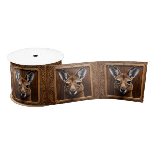 Australian 3D Wood Print Kangaroo, Satin Ribbon