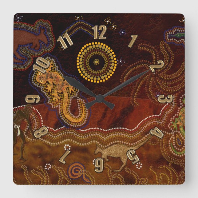 Australian Aborigine Style Desert Heat & Animals Square Wall Clock (Front)