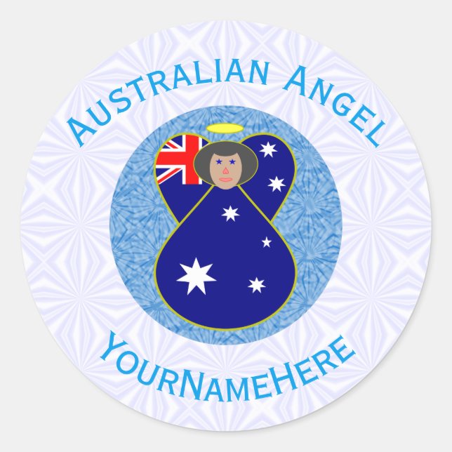 Australian Angel Blue White Personalised Classic Round Sticker (Front)