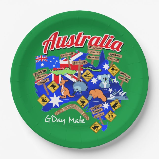 Australian animals and locations paper plate (Front)