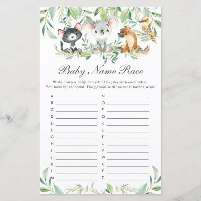 Australian Animals Baby Name Race Baby Shower Game (Front)