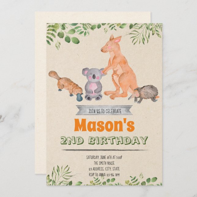 Australian Animals birthday invitation (Front/Back)