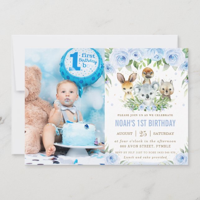 Australian Animals Blue Floral Birthday Photo  Invitation (Front)