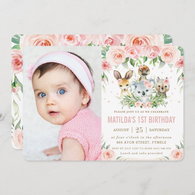 Australian Animals Blush Floral Birthday Photo  Invitation (Front/Back)