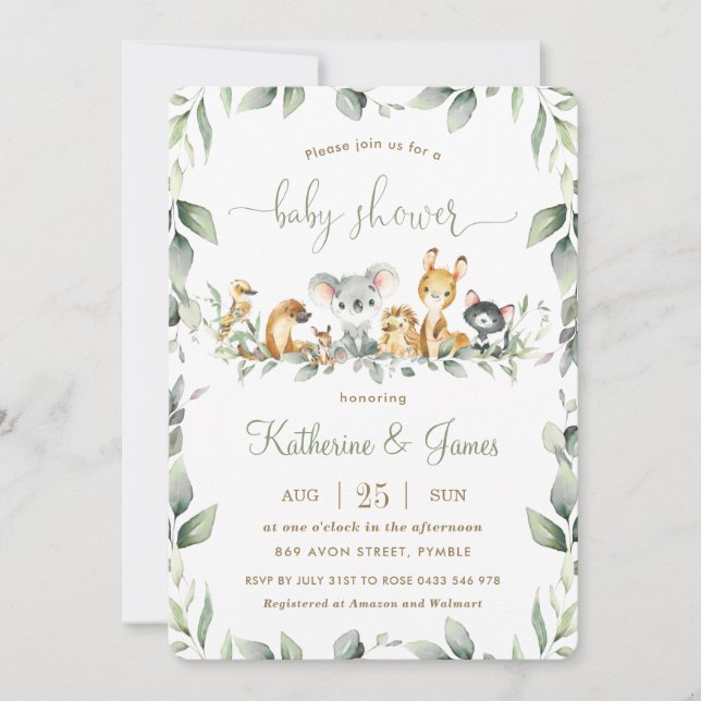 Australian Animals Greenery Baby Shower Neutral  Invitation (Front)