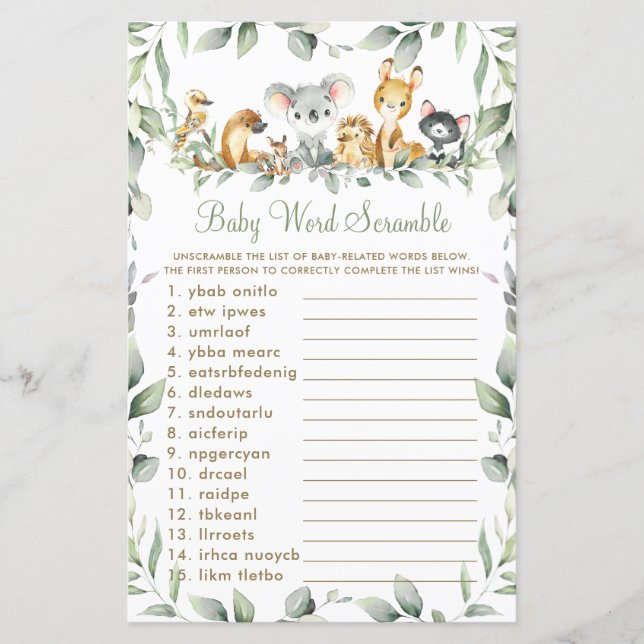 Australian Animals Greenery Baby Word Scramble  (Front)