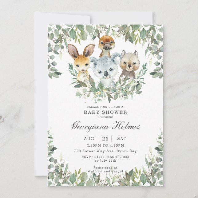 Australian Animals Greenery Neutral Baby Shower Invitation (Front)