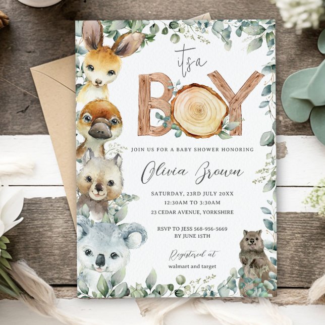 Australian Animals Greenery Wood Boy Baby Shower  Invitation (Creator Uploaded)