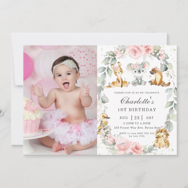 Australian Animals Pink Floral Birthday Photo Invitation (Front)