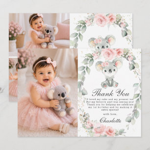 Australian Animals Pink Floral Birthday Photo Thank You Card