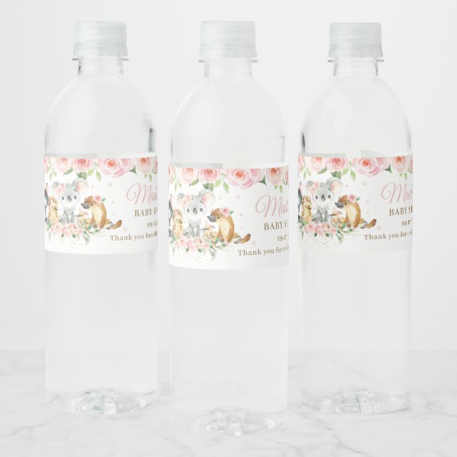 Australian Animals Pink Floral Girl Baby Shower Water Bottle Label (Bottles)