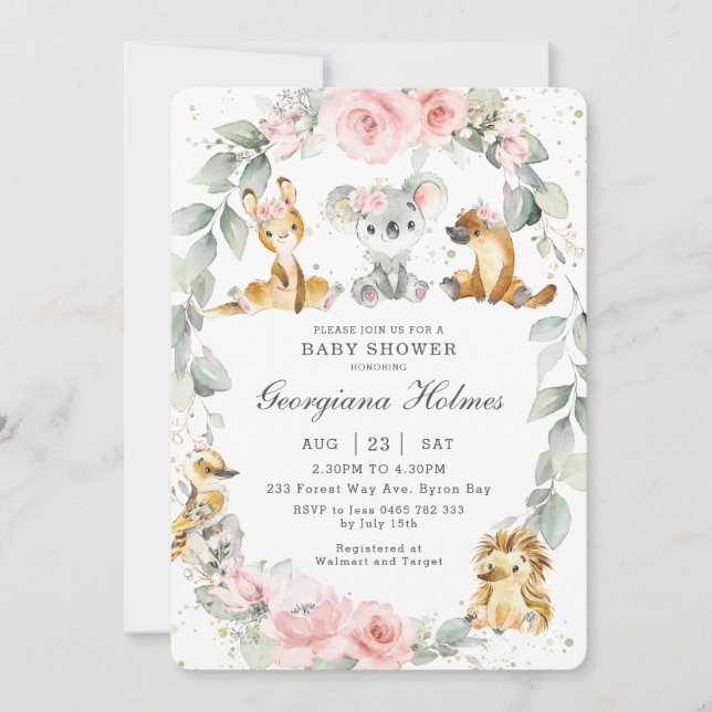 Australian Animals Pink Floral Sage Baby Shower Invitation (Front)