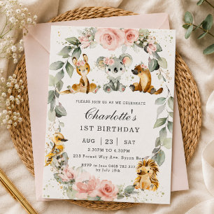 Australian Animals Pink Floral Sage Birthday Party Invitation