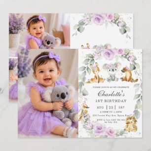 Australian Animals Purple Floral Birthday Photo Invitation
