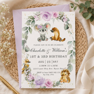 Australian Animals Purple Floral Joint Birthday Invitation