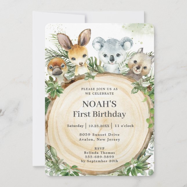 Australian Animals Rustic Wood Slice Birthday  Invitation (Front)