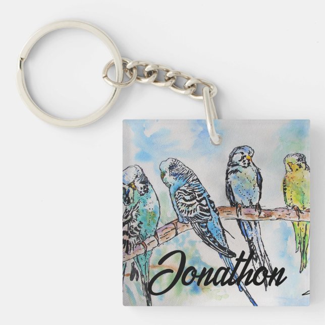 Australian Birds Budgie Watercolor Art Key Ring (Front)