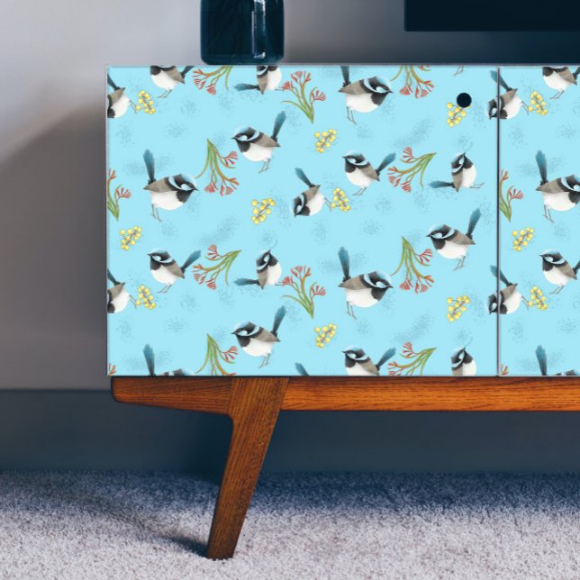 Australian Blue Wren & Flowers Pattern Decoupage Wrapping Paper Sheet (Creator Uploaded)