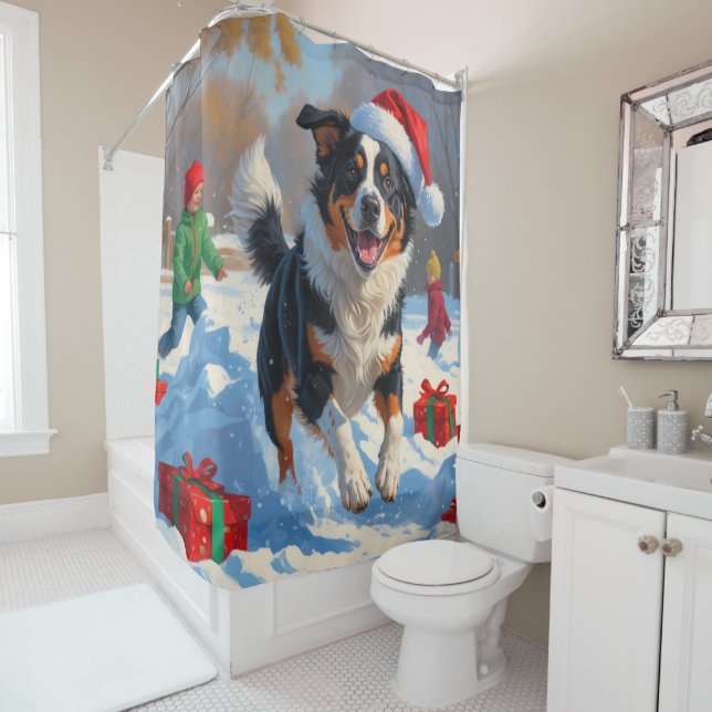 Australian Cattle Christmas Festive Snow Scene Shower Curtain (In Situ)
