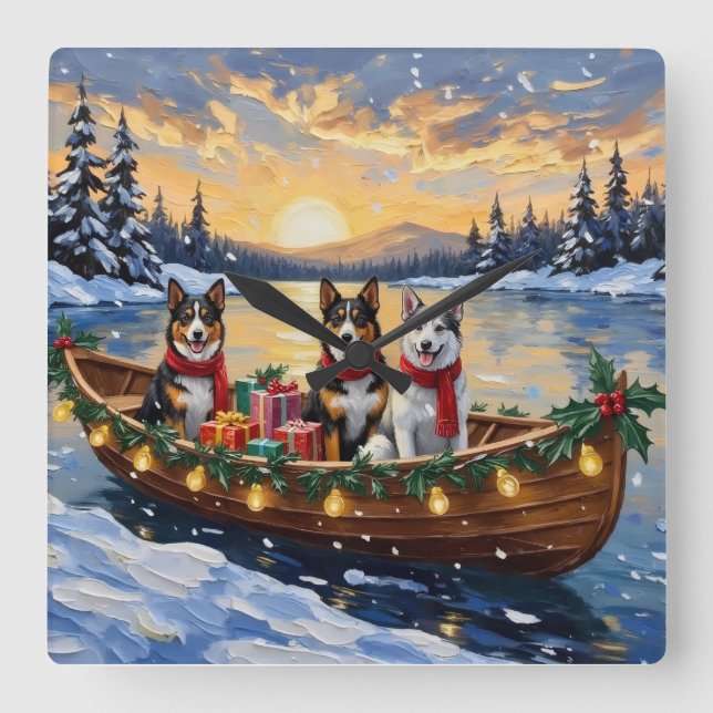 Australian Cattle Dog Christmas Boat Holiday Square Wall Clock (Front)