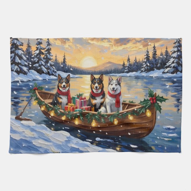 Australian Cattle Dog Christmas Boat Holiday Tea Towel (Horizontal)