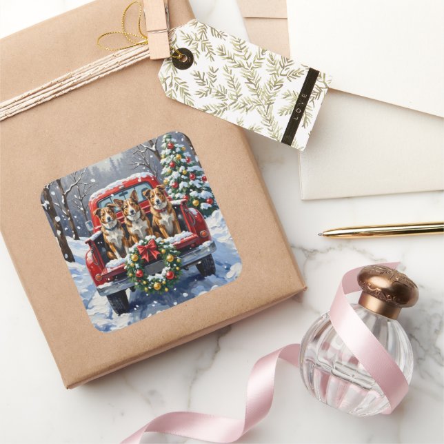 Australian Cattle Dog Christmas Red Truck Holiday Square Sticker (Gifting)