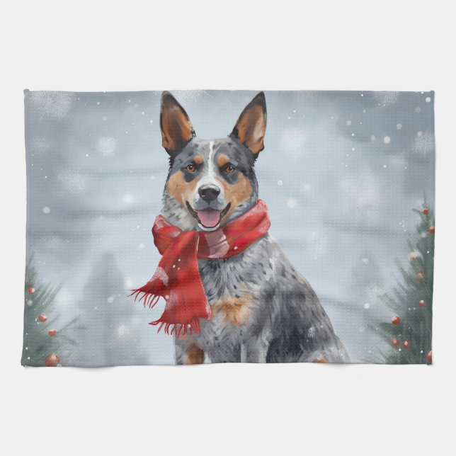 Australian Cattle Dog in Snow Christmas  Tea Towel (Horizontal)