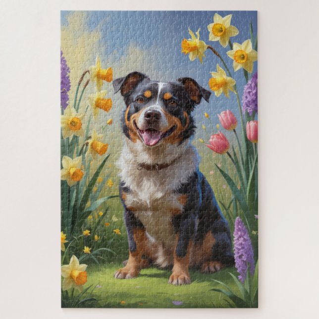 Australian Cattle Dog Spring Flowers Painting Jigsaw Puzzle (Vertical)