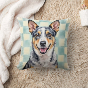 Australian Cattle Dog Watercolor Check Pattern Art Cushion