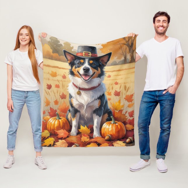 Australian Cattle in Autumn Leaves Thanksgiving  Fleece Blanket (In Situ)