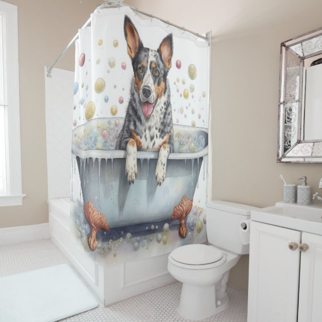 Australian Cattle In Bathtub Watercolor Dog Art  Shower Curtain (In Situ)